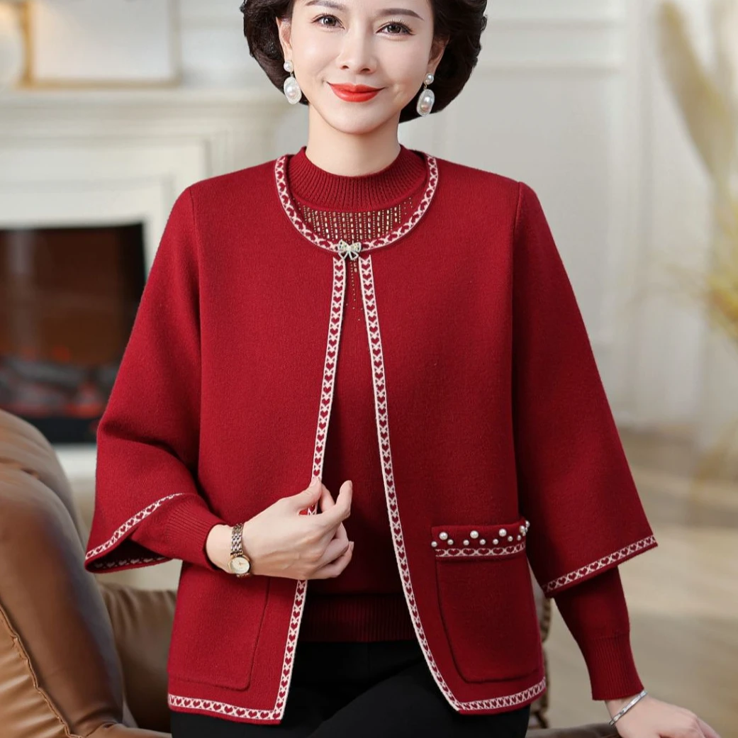 中年喜妈妈秋装新款毛衣两件套装中老年女装洋气针织衫喜婆婆婚宴