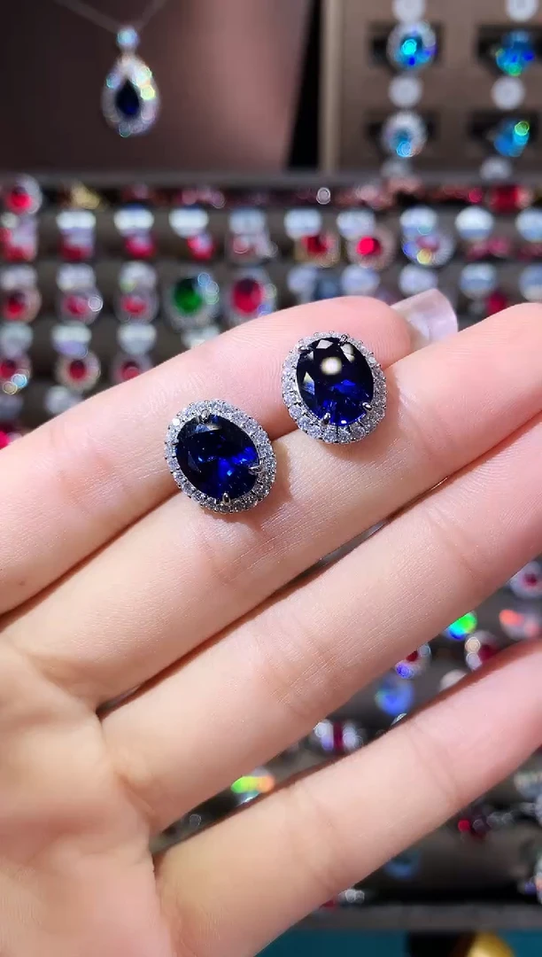 耳饰蓝宝石银S925镶嵌810银色