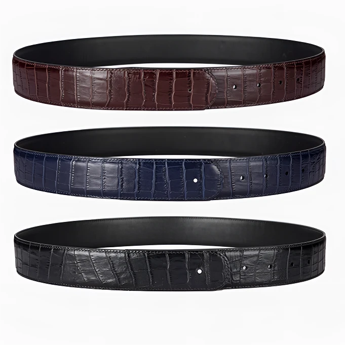 正品高档时尚轻奢男士黑色蓝色鳄鱼纹头层牛皮腰带男皮带无扣头