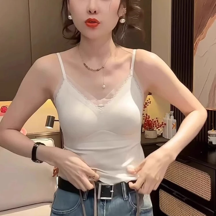 白色蕾丝吊带背心女带胸垫v领打底衫西装内搭文胸一体美背内衣