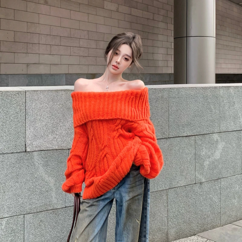 慵懒风一字领毛衣女秋冬季纯色露肩加厚百搭宽松显瘦针织外套上衣