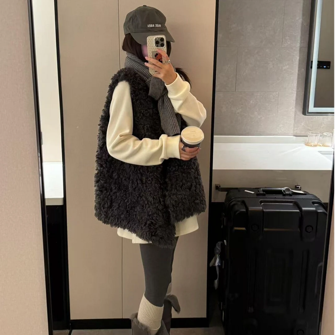 2025秋冬新款毛毛马甲外套女宽松内搭长袖上衣气质百搭紧身长裤子
