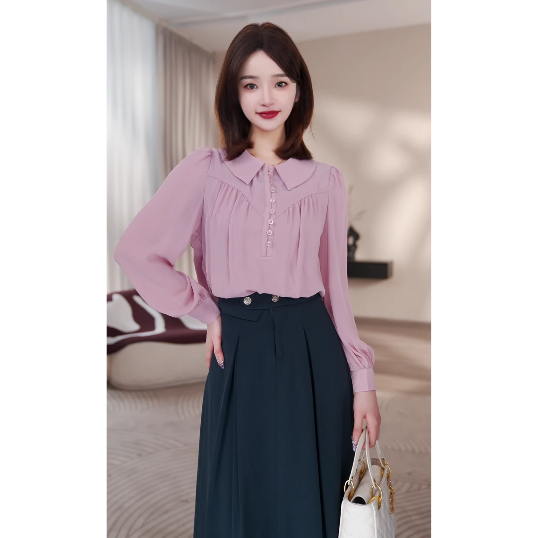 【曼贝】百搭翻领时尚气质显瘦长宽松衬衫女通勤衬衣8493184【小雪】