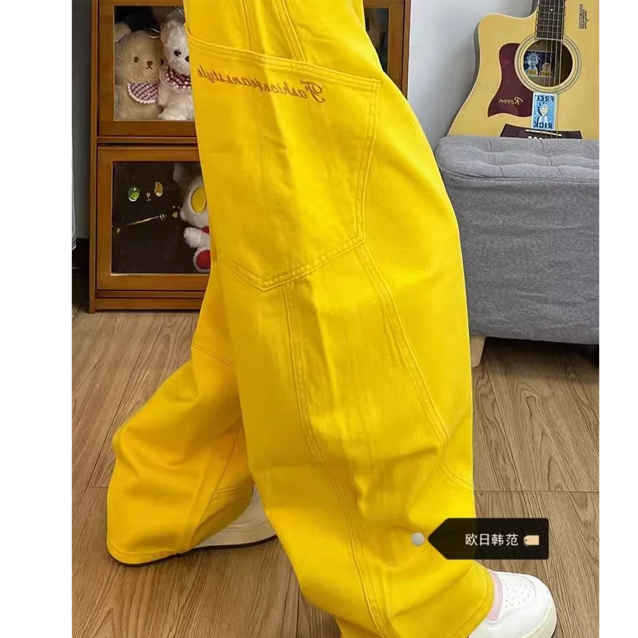 大码胖mm黄色阔腿弯刀工装牛仔裤女春季宽松垂感镰刀香蕉萝卜裤子