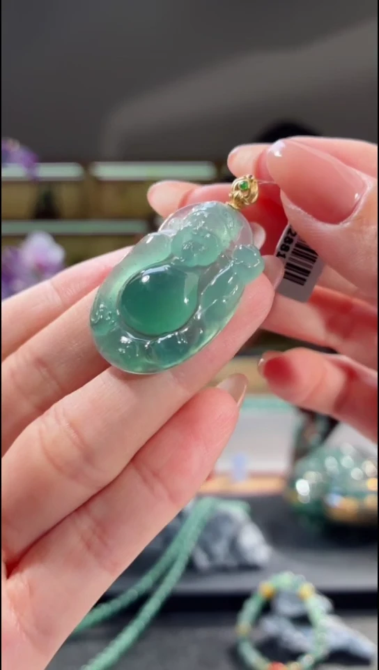 吊坠(不含链)18K金镶嵌翡翠财神