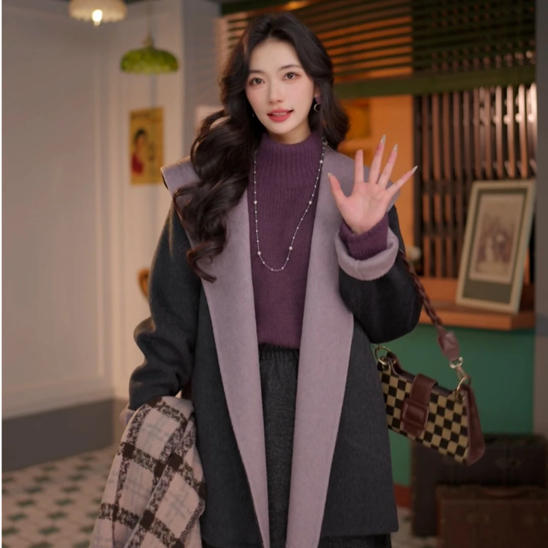 丁佳欣【薰衣草】港风时尚气质秋冬双面呢大衣外套女DM2477514