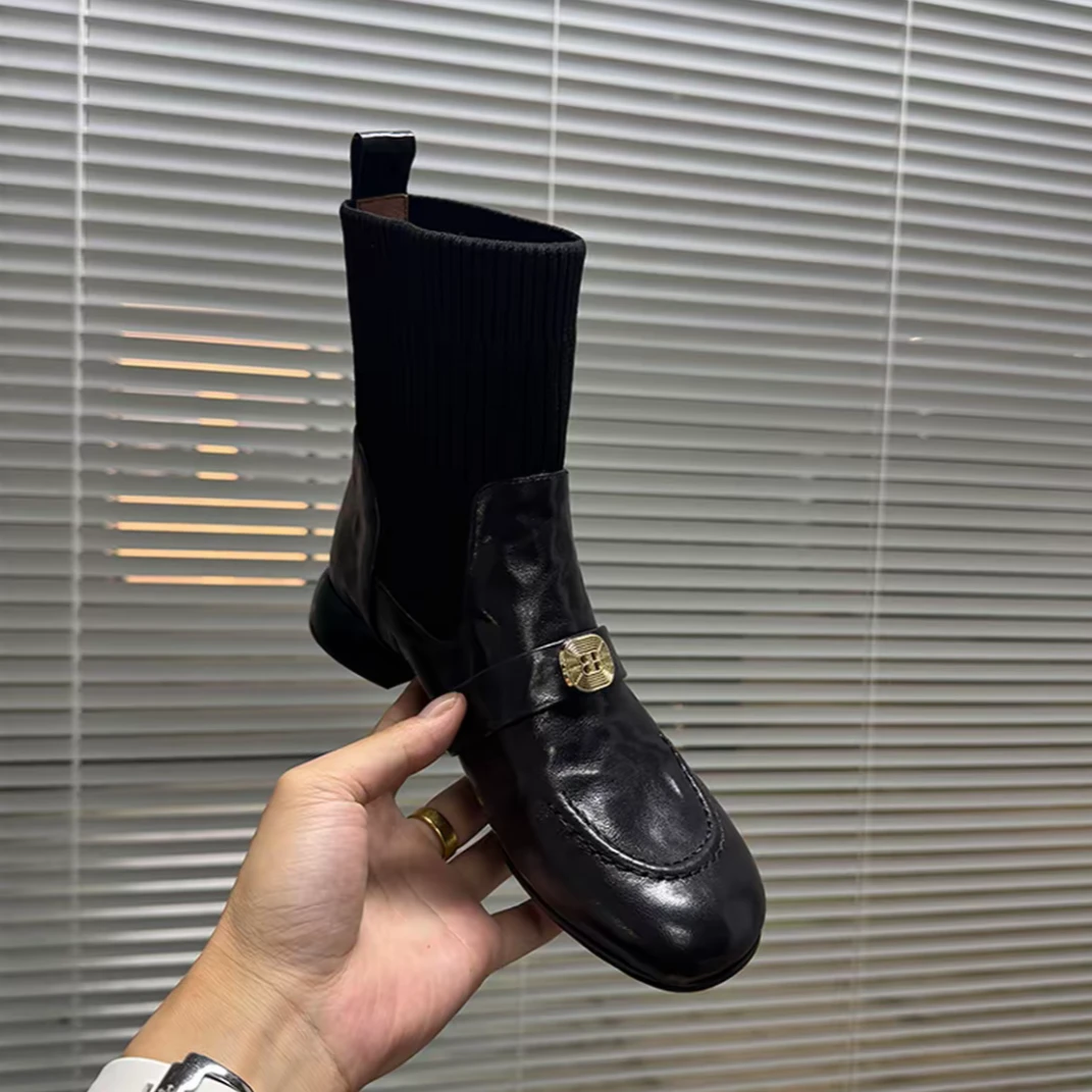 真皮粗跟短靴女秋冬新款针织瘦瘦靴圆头中跟百搭袜靴女PT9