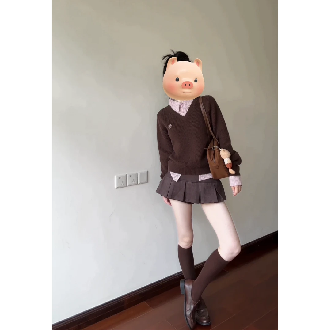 假两件针织衫毛衣韩系美拉德polo上衣高腰A字百褶裙套装女X11398