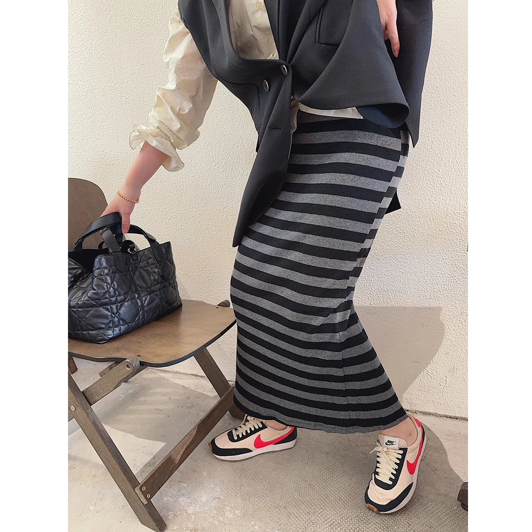 智英欧尼【高腰条纹半身裙女全腰松紧开春2025新款爆款长款】