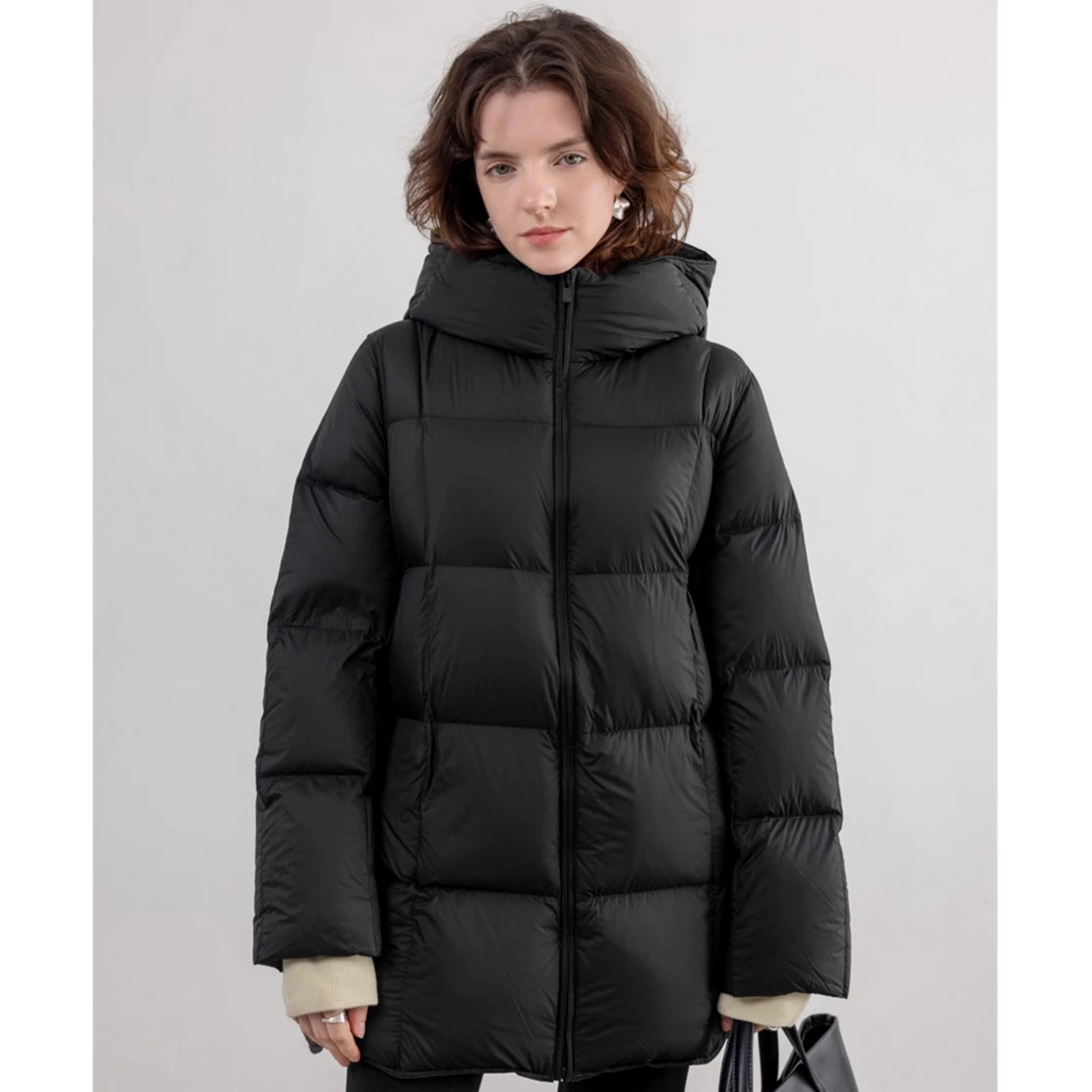 90白鸭绒羽绒服女款2025新款冬季宽松保暖轻便泡芙连帽中长款外套