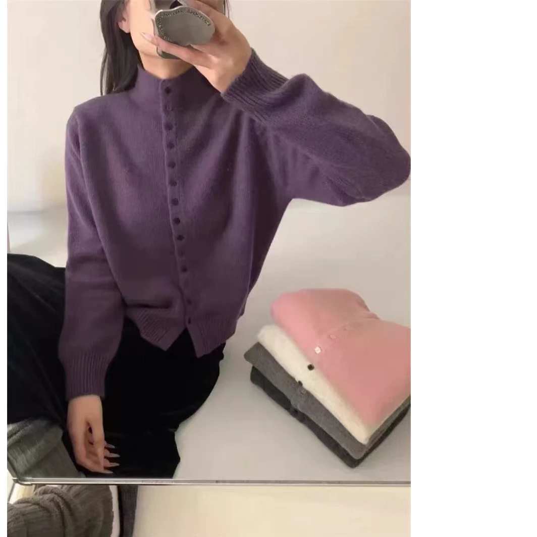 【方糖扣薰衣草紫】~立领长袖针织开衫秋冬单排扣设计感针织衫