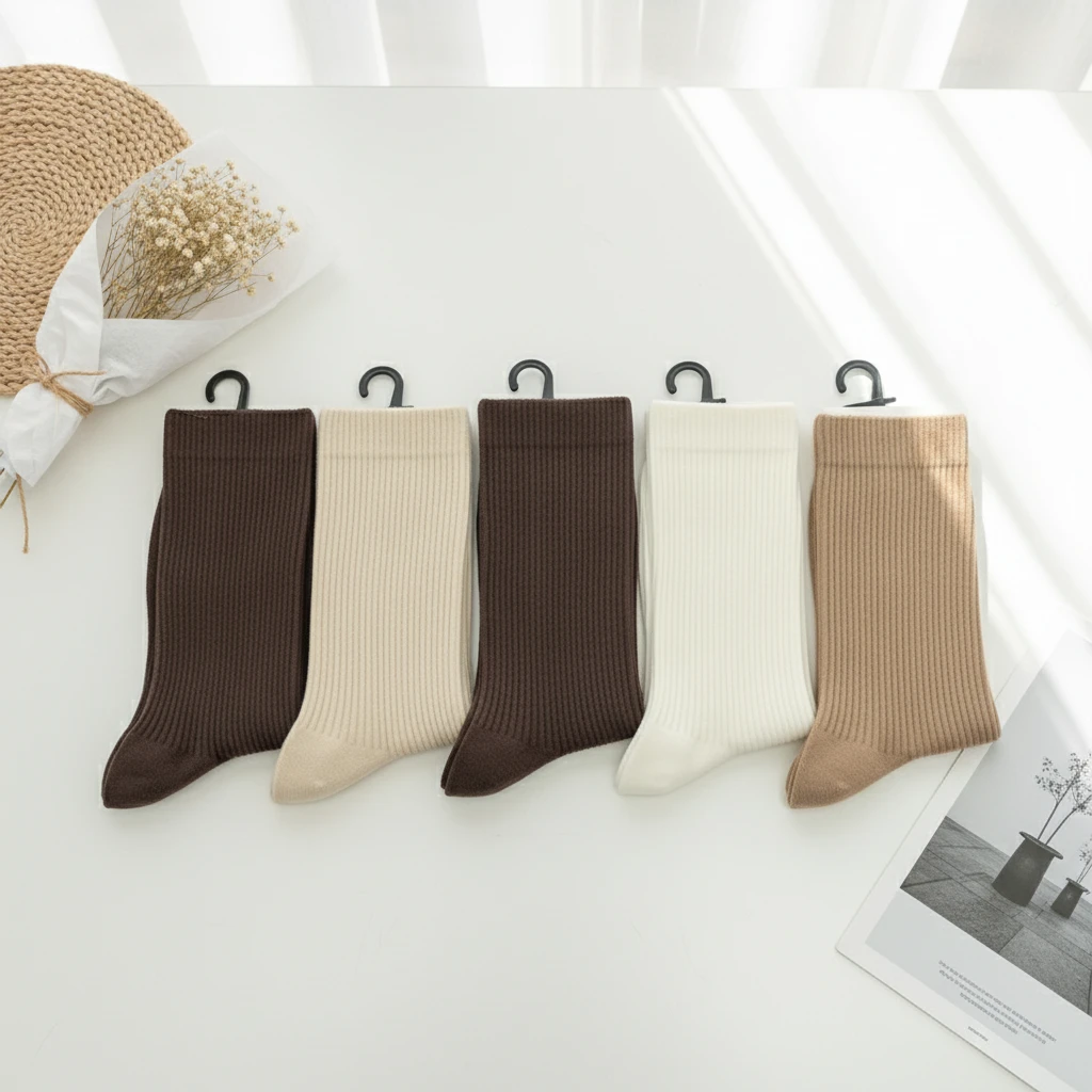 7139   五双纯色系女士简约百搭中筒袜