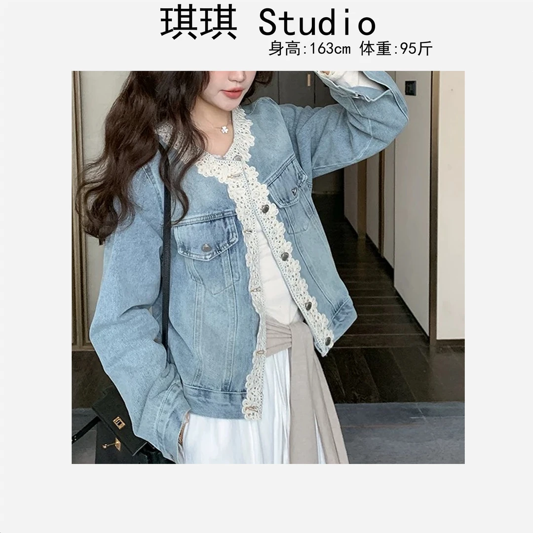 春季新款重工设计拼接花边圆领排扣宽松显瘦减龄牛仔外套25562-G