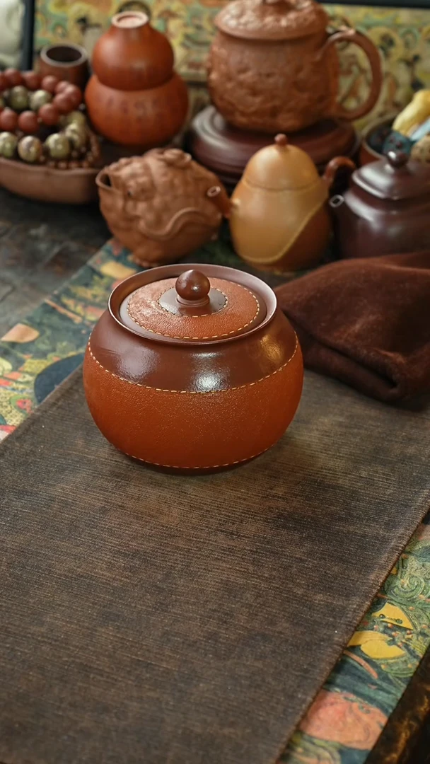 底槽清粉红降坡仿皮革紫砂茶叶罐