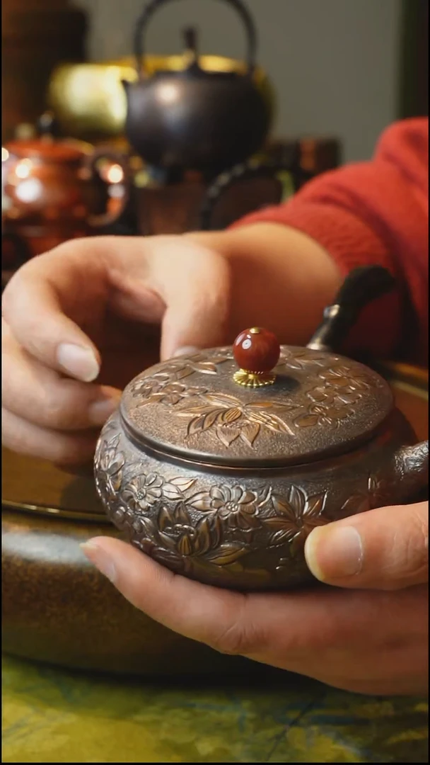 纯紫铜百花齐放侧把泡茶壶
