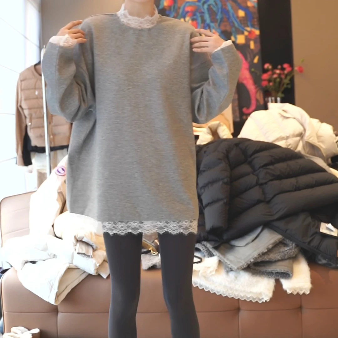 【立领蕾丝】简约风白色蕾边花边长袖T恤打底衫LK2501049