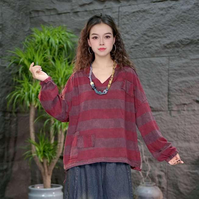 【纯棉百搭卫衣】女装秋款长袖条纹上衣大码宽松文艺复古休闲卫衣
