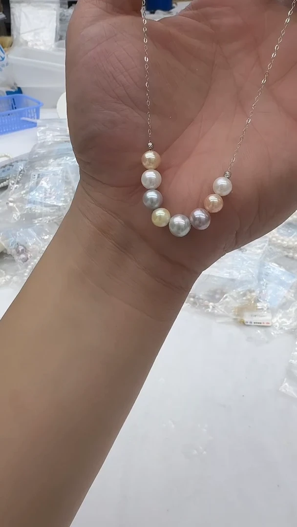 吊坠(赠链)银S925镶嵌海水珍珠7-8mm 混彩8珠微笑链-孤品
