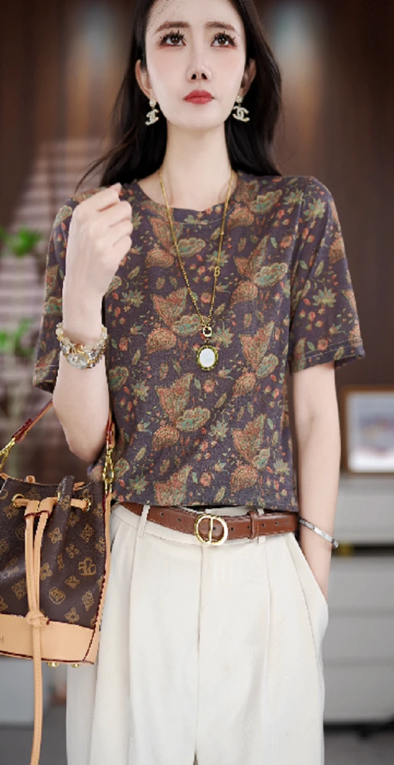 Y192新款时尚百搭气质宽松减龄短袖上衣-悠悠