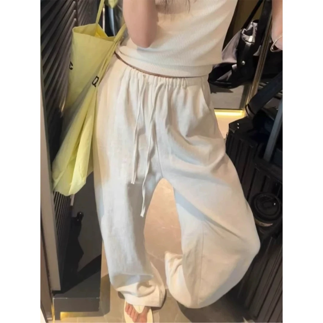 莱赛尔天丝亚麻阔腿裤女夏季薄款松紧腰抽绳休闲直筒老钱风拖地裤