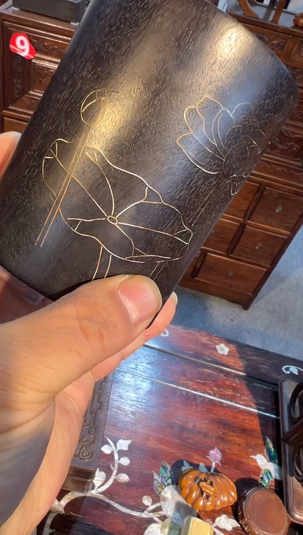 木小叶紫檀荷花银丝笔筒298