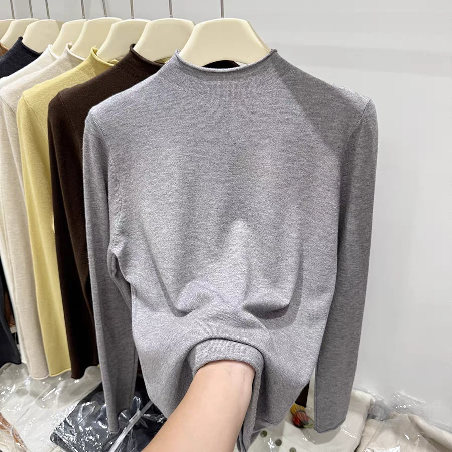 2025冬季新款卷边时尚简约针织衫女长袖纯色修身内搭显瘦超柔高弹