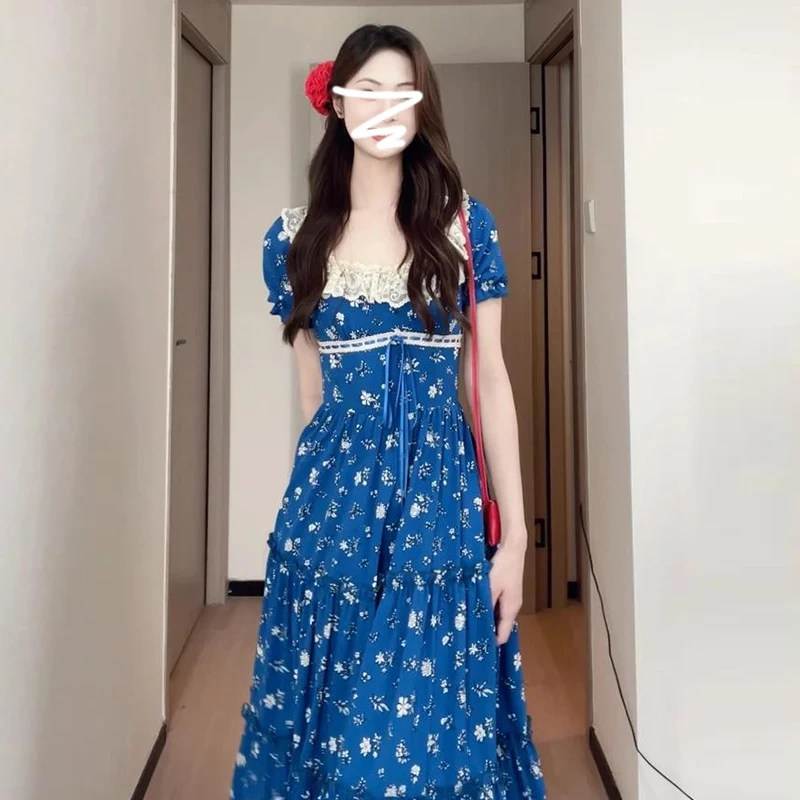 蓝色碎花连衣裙子女夏季2025新款今年流行爆款初夏日绝美漂亮长裙