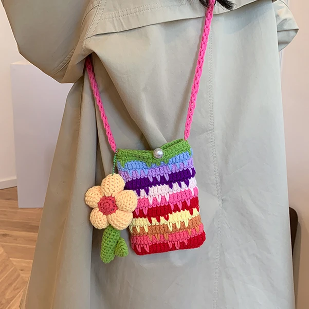 手工编织毛线成品彩虹手机包diy多巴胺针织包单肩斜挎可爱毛线包