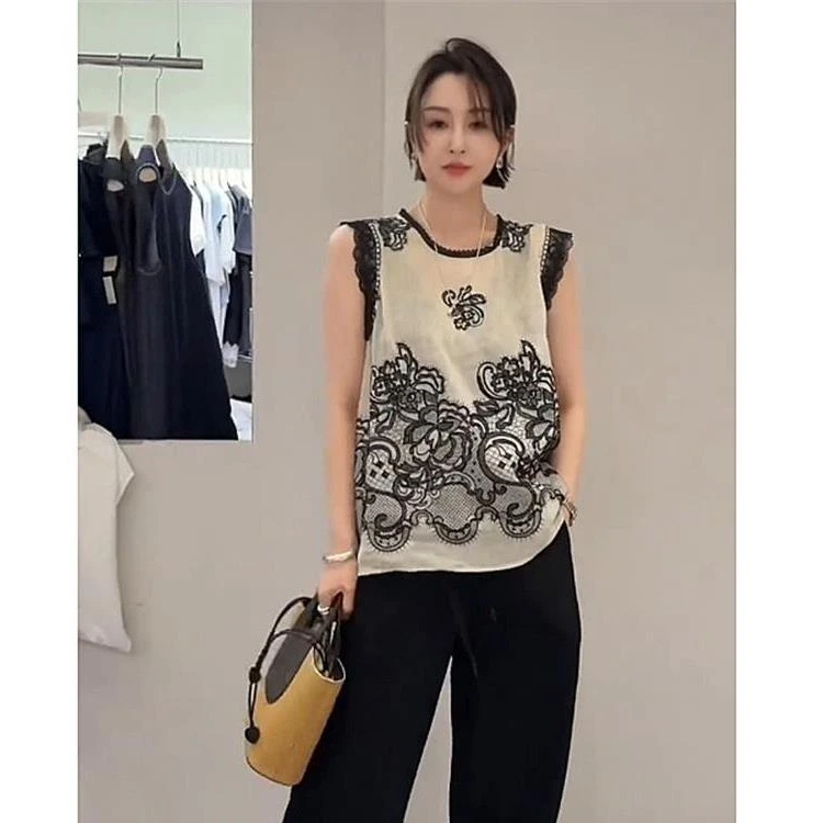 欧货蕾丝印花人丝背心上衣女2025夏季新款高级感气质洋气无袖衬衫