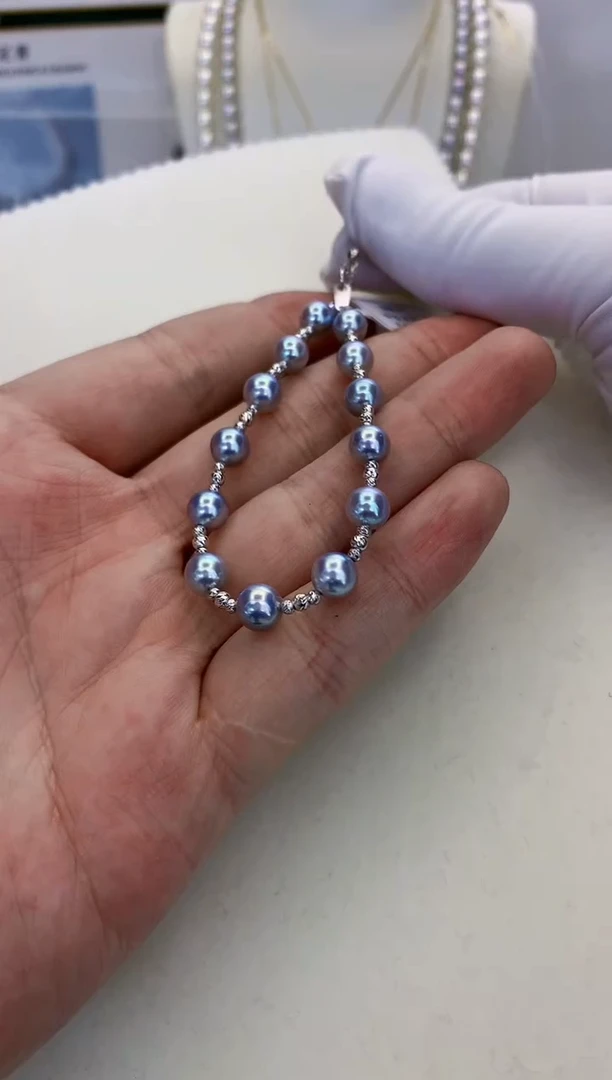 18K金镶嵌海水珍珠饰品6-7真多麻色设计款手链