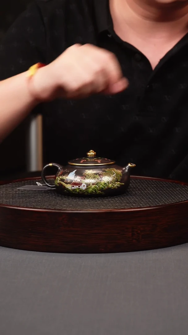 茶壶紫砂石黄珐琅彩山水寒江