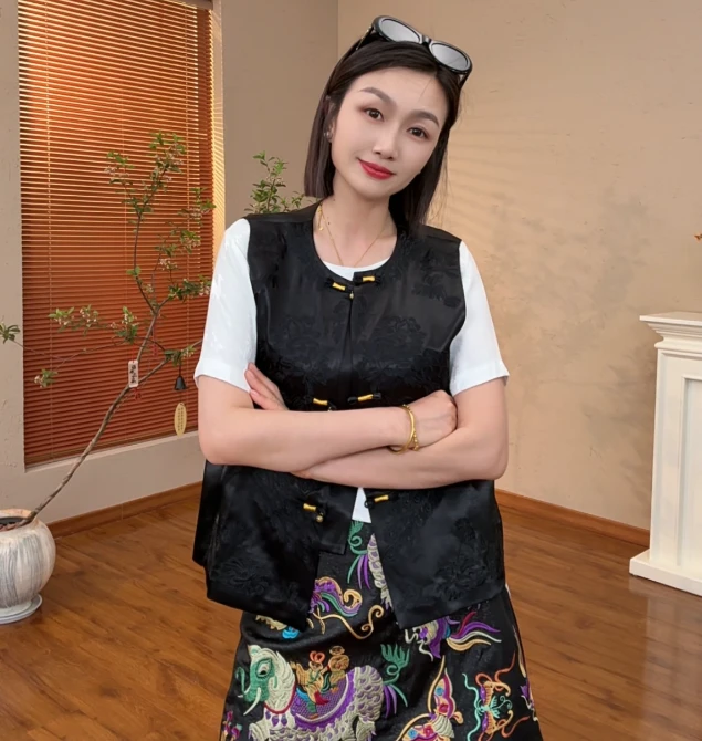 [‌铃央]Q780春季新款女士醋酸刺绣马甲复古国风马夹外套时尚洋气