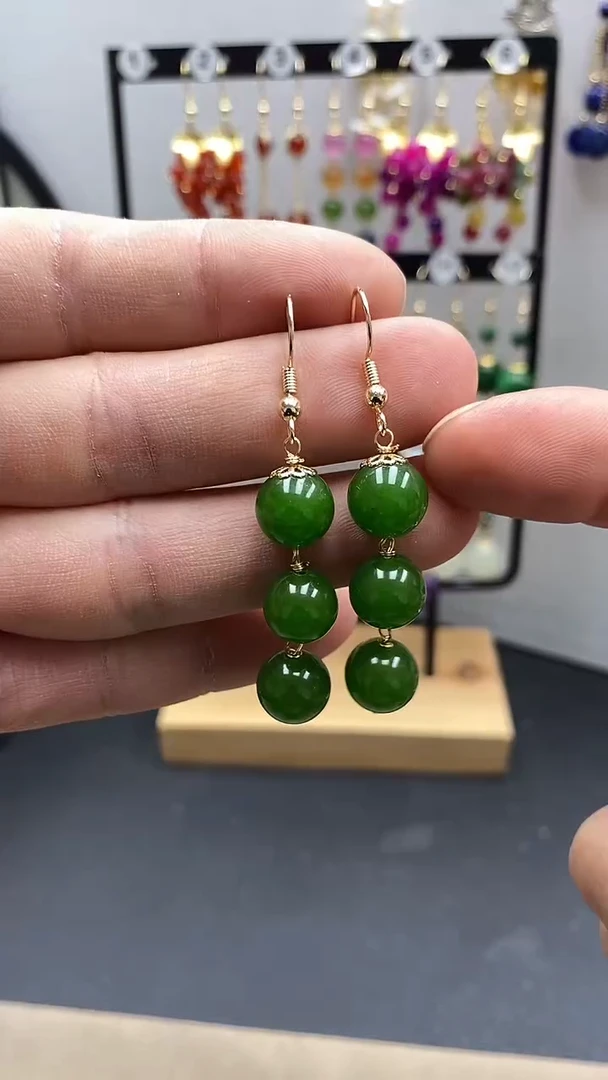 【闪购商品】和田玉耳饰银S925镀金镶嵌菠菜绿尺寸10mm