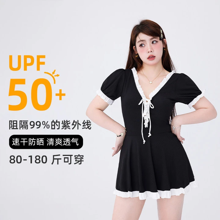 Agliondy【暗夜玄素】度假遮肚保守连体黑色平角大码微胖泳衣