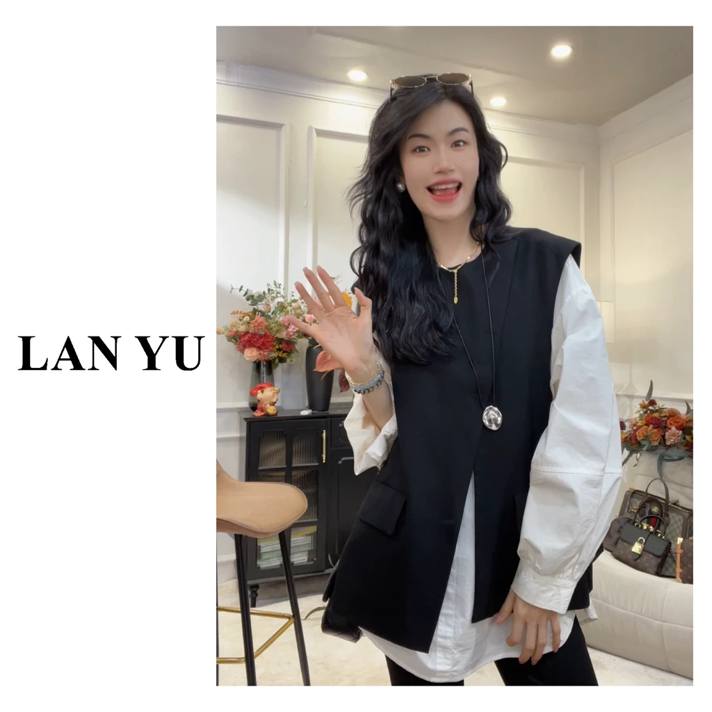 深圳南油高端女装假两件衬衫女早秋2025新款西装马甲拼接上衣