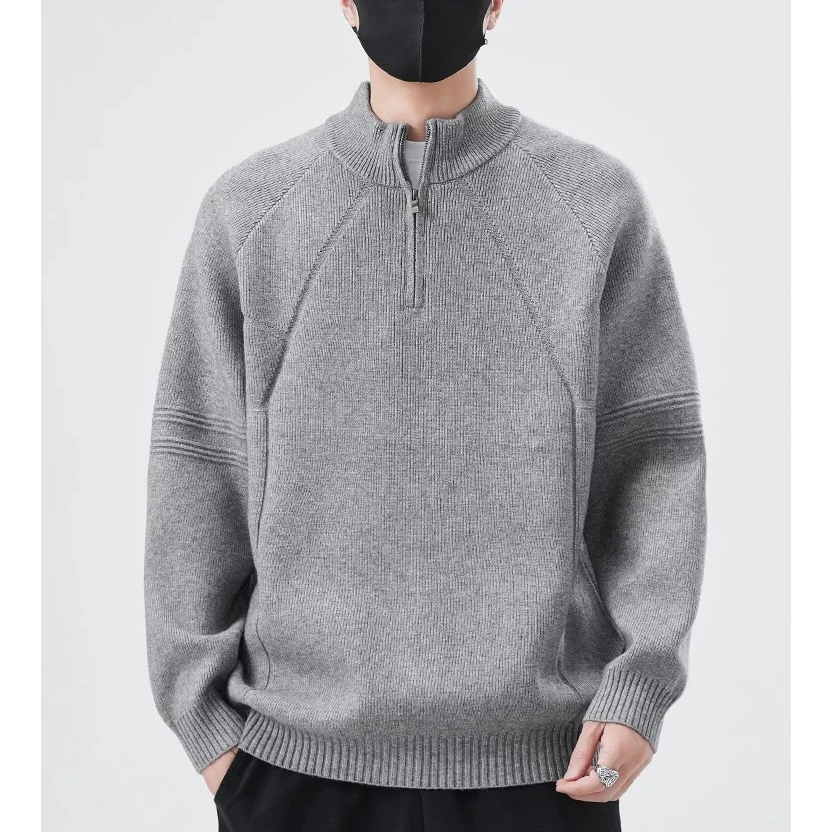 秋冬新款半高领拉链毛衣男休闲宽松套头纯色学院风打底针织衫潮