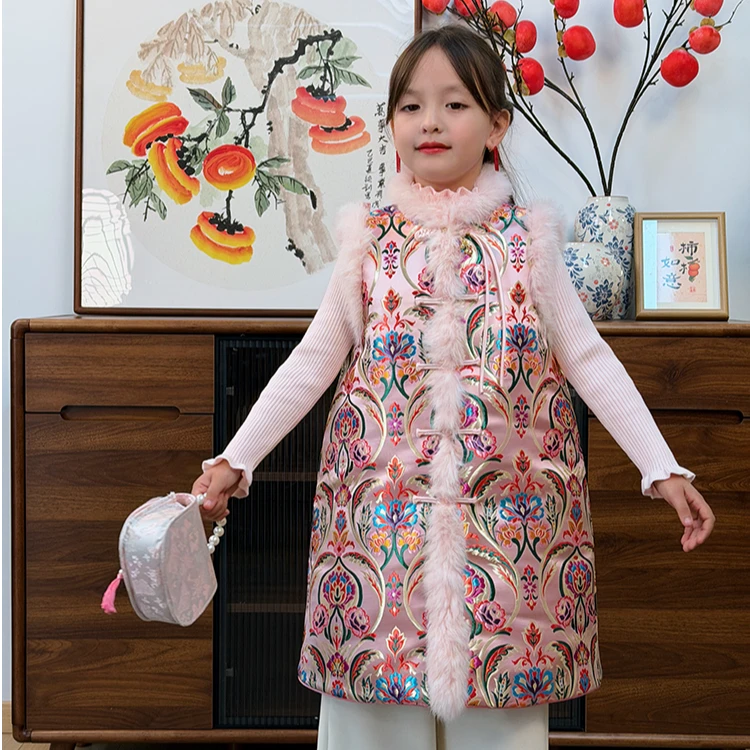 【花团锦簇】长款冬季中式外套见外包装保暖厚款宝宝女马甲中国风