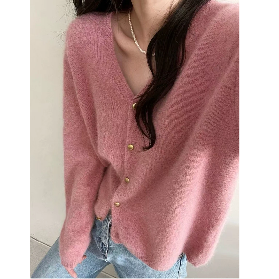 樱花粉V领帽扣软糯毛衣外套女春秋新款针织开衫上衣077