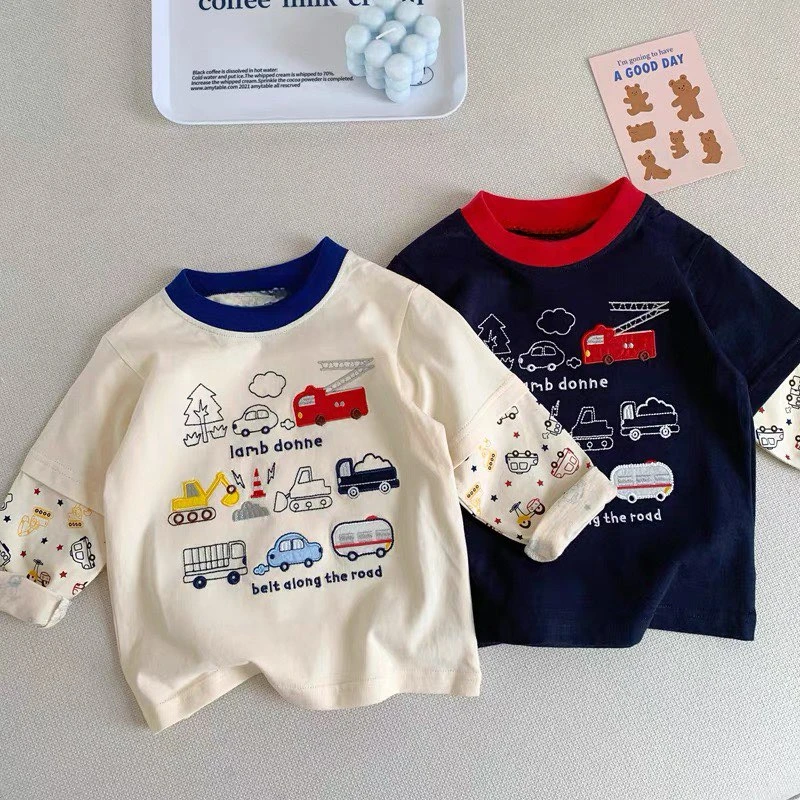 儿童长袖T恤2025秋季男童宝宝可爱工程车印花纯棉假两件上衣潮