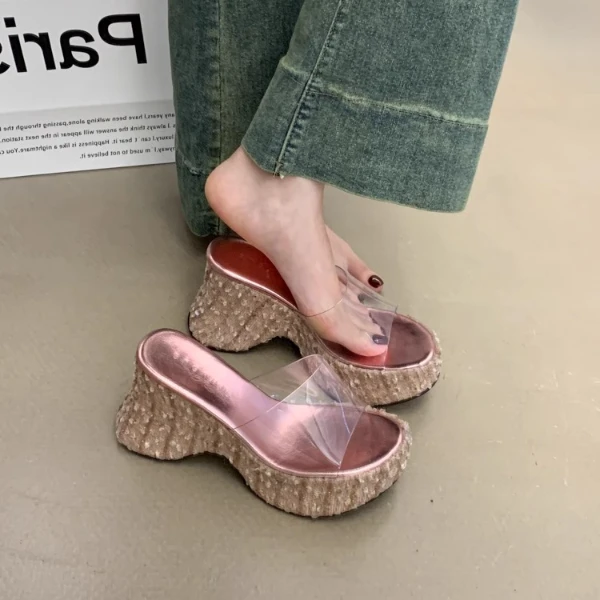 舒适款绝美闪闪粉色坡跟凉鞋女夏季透明高跟鞋增高厚底凉拖鞋外穿