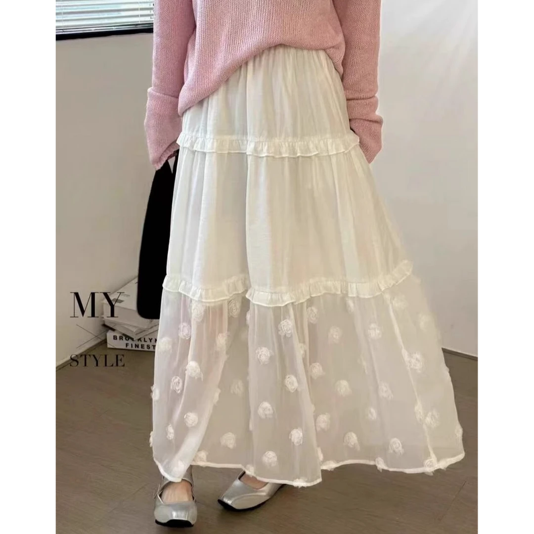 韩国立体花朵拼接半身裙女2025春夏韩系温柔风A字松紧腰长裙白色