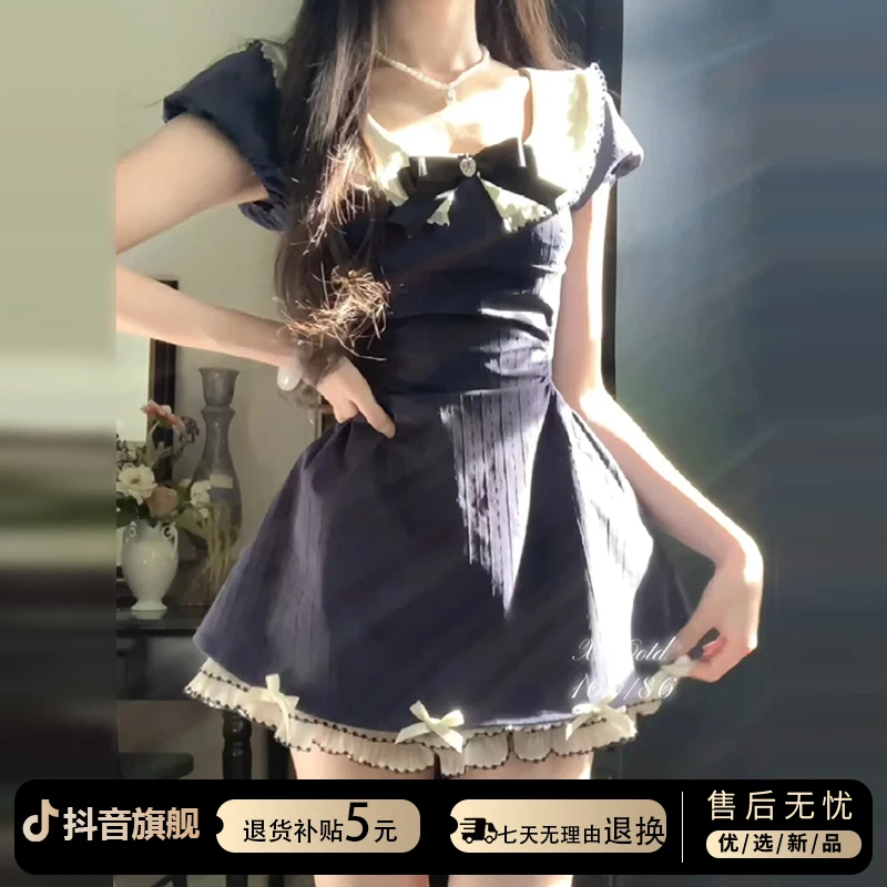 法式甜美纯欲风连衣裙子女夏季2025新款小个子蝴蝶结收腰显瘦短裙