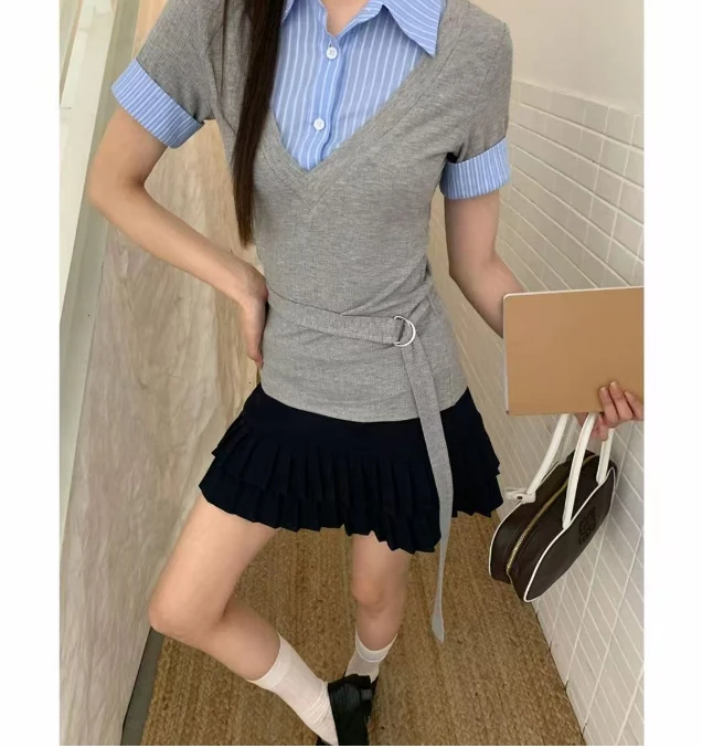 夏季新款时尚网红洋气炸街女装小众修身显身材上衣休闲百搭撞色