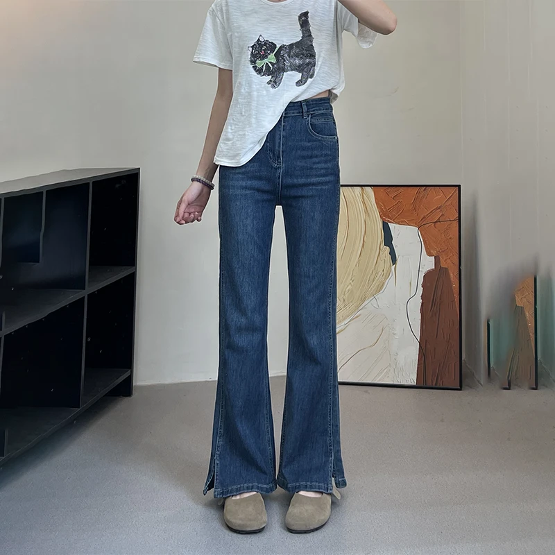 深蓝色弹力显瘦开叉微喇裤女2025春夏新款微胖大码高腰直筒牛仔裤