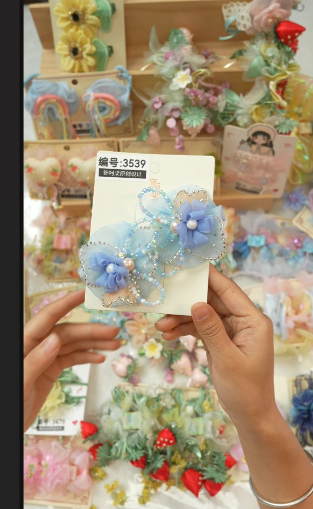 饰阿梁3539蓝色蝴蝶皮筋头饰儿童小女孩发夹发饰可爱甜美百搭手工