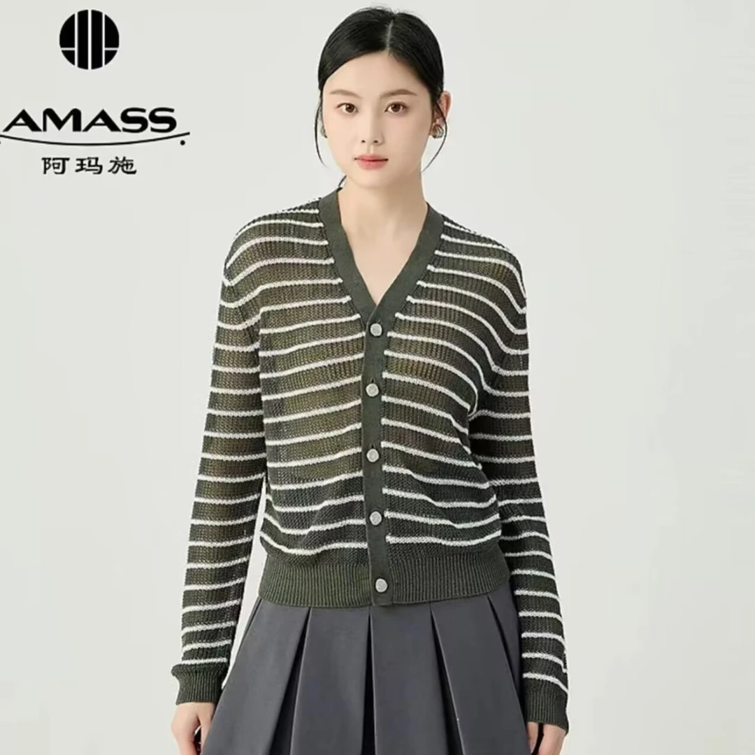 阿玛施AMASS 经典百搭清凉爽朗条纹亚麻基础镂空针织开衫548009