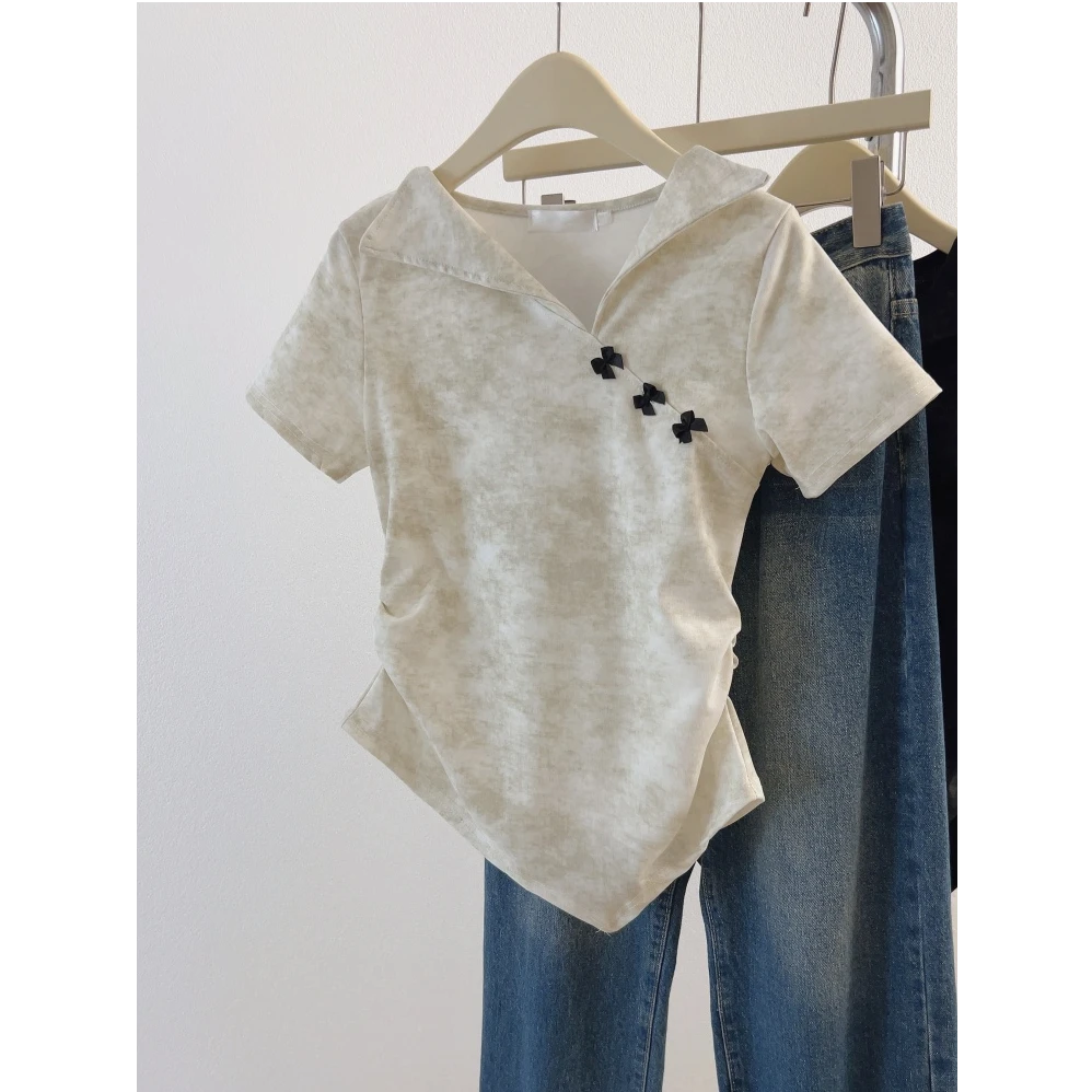 夏季新款褶皱斜领不规则正肩短袖t恤女大码微胖妹妹显瘦遮肚上衣