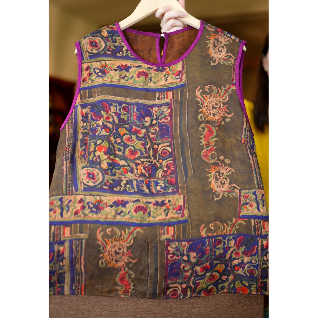 紫韵<<非遗美学>>1312香云纱新中式国风紫色印花无袖背心