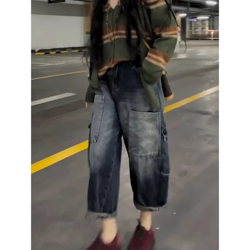 多口袋设计哈伦牛仔裤大码女装2025新款高腰宽松显瘦百搭九分裤子