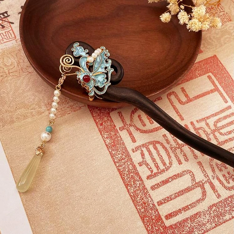 古风仿点翠烧蓝蝴蝶双面发簪新中式高级感发饰2024新款高端簪子女